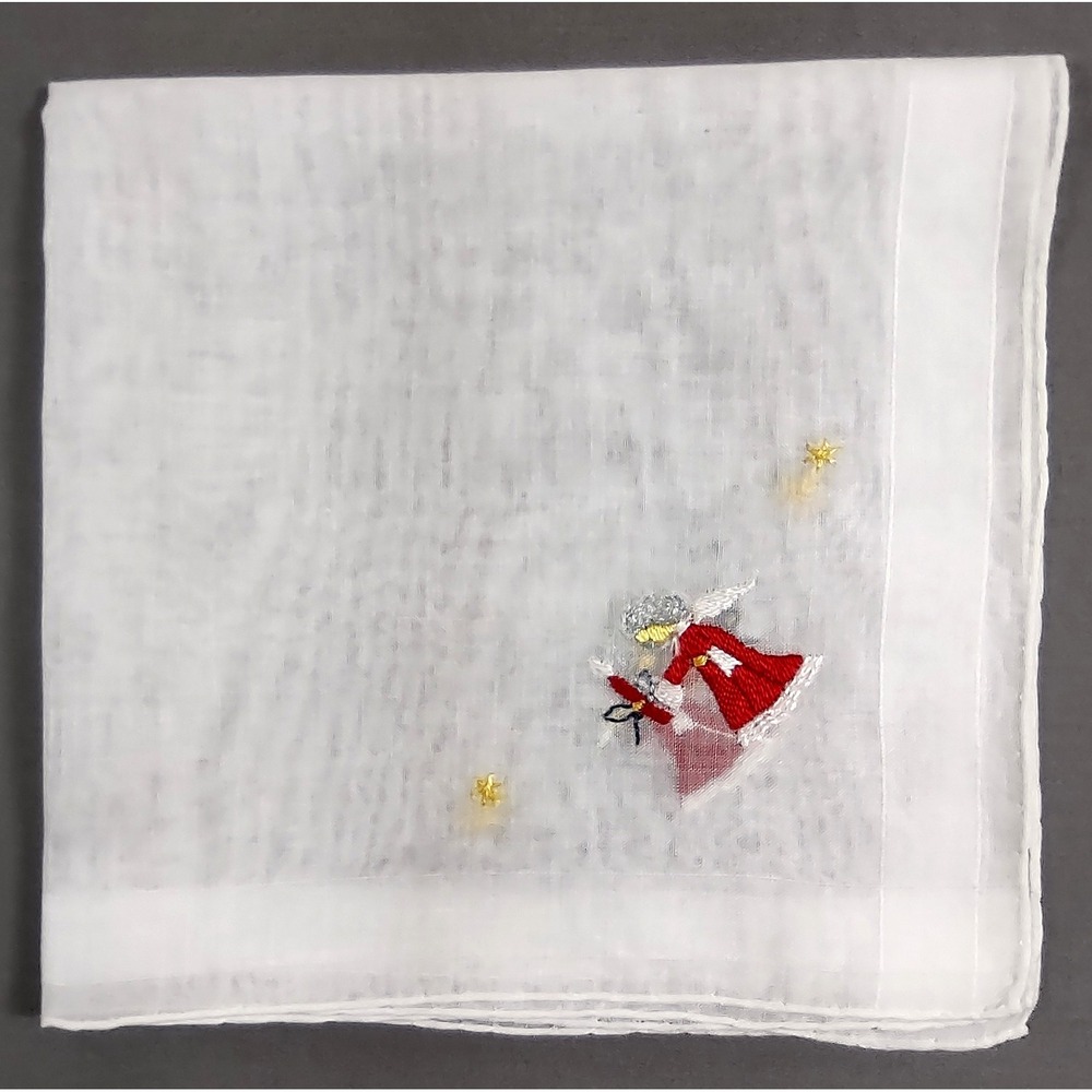 Vtg Christmas Angel Embroidered White Handkerchief Holiday Stars 12.25x12.75